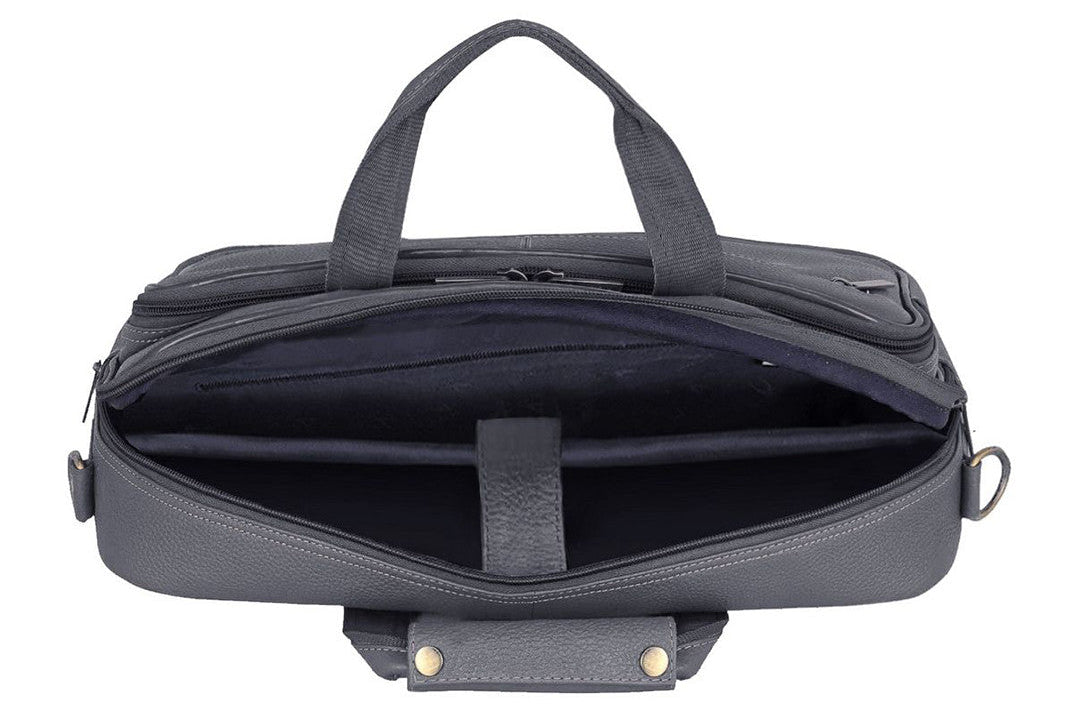 WildHorn grey leather messenger bag adjustable shoulder strap and bronze clasp hardware detail — bags.mu Mauritius