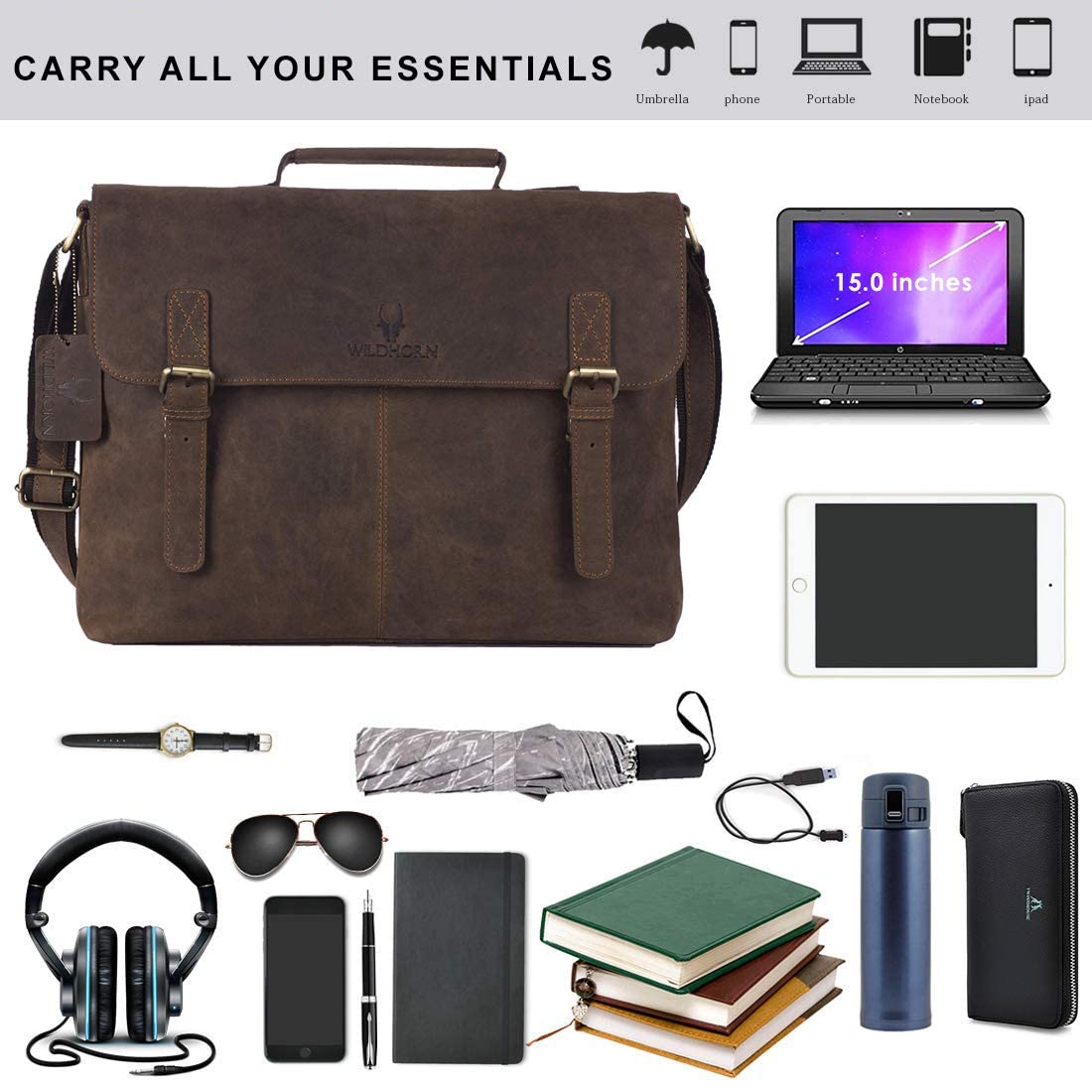 WildHorn Genuine Leather 15" Laptop Bag for Men | Office, Travel & Casual Bag — Dark Brown