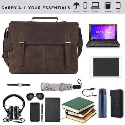 WildHorn Genuine Leather 15" Laptop Bag for Men | Office, Travel & Casual Bag — Dark Brown