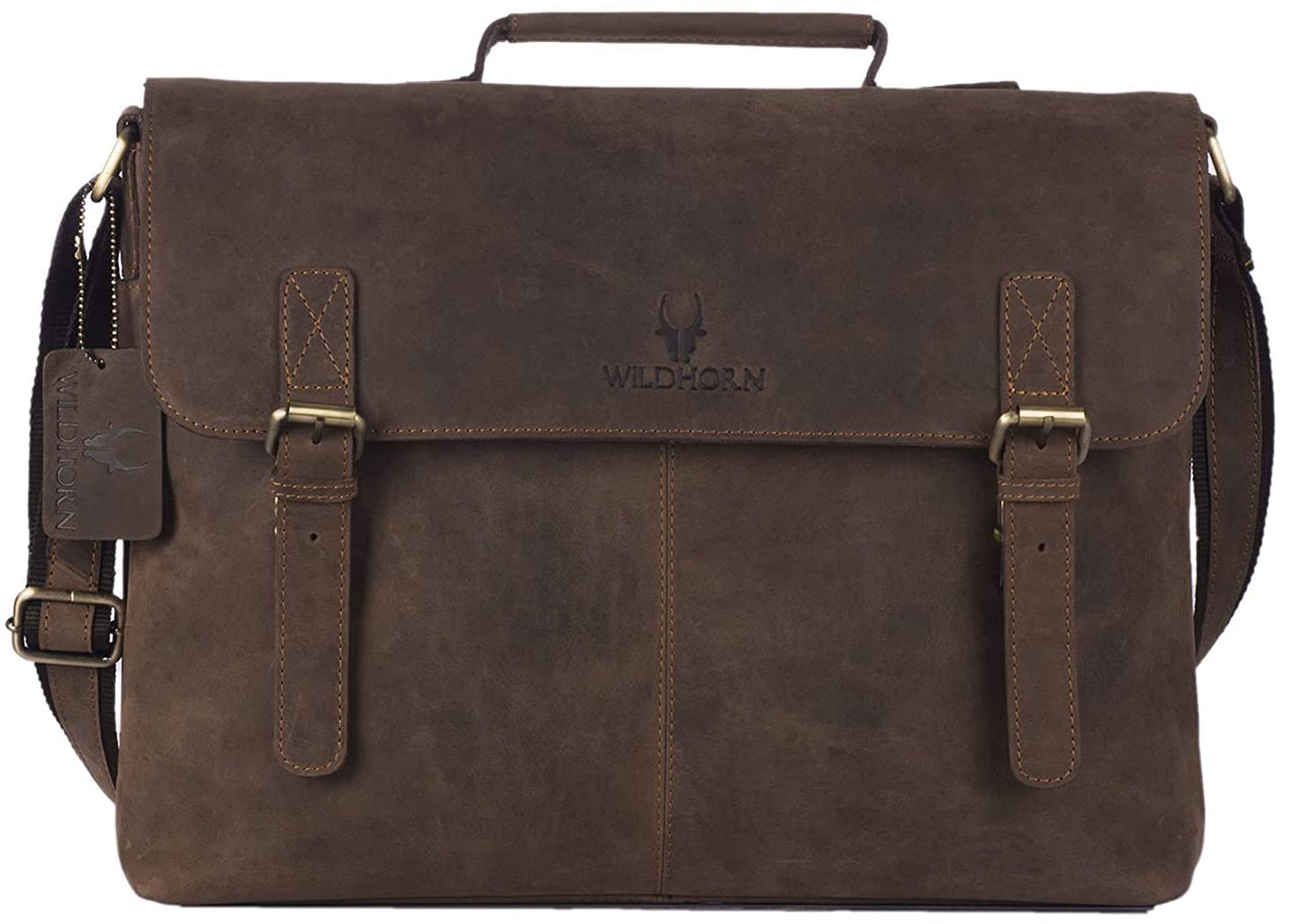 WildHorn Genuine Leather 15" Laptop Bag for Men | Office, Travel & Casual Bag — Dark Brown