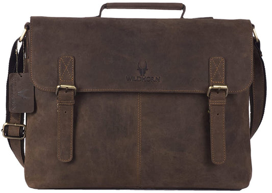WildHorn Genuine Leather 15" Laptop Bag for Men | Office, Travel & Casual Bag — Dark Brown