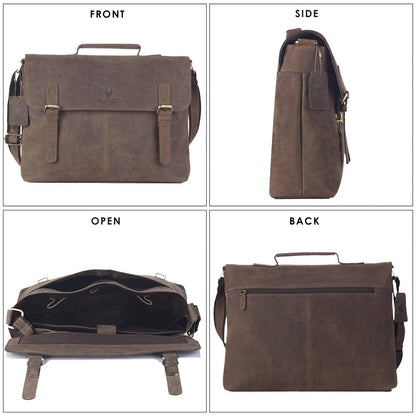 WildHorn Genuine Leather 15" Laptop Bag for Men | Office, Travel & Casual Bag — Dark Brown