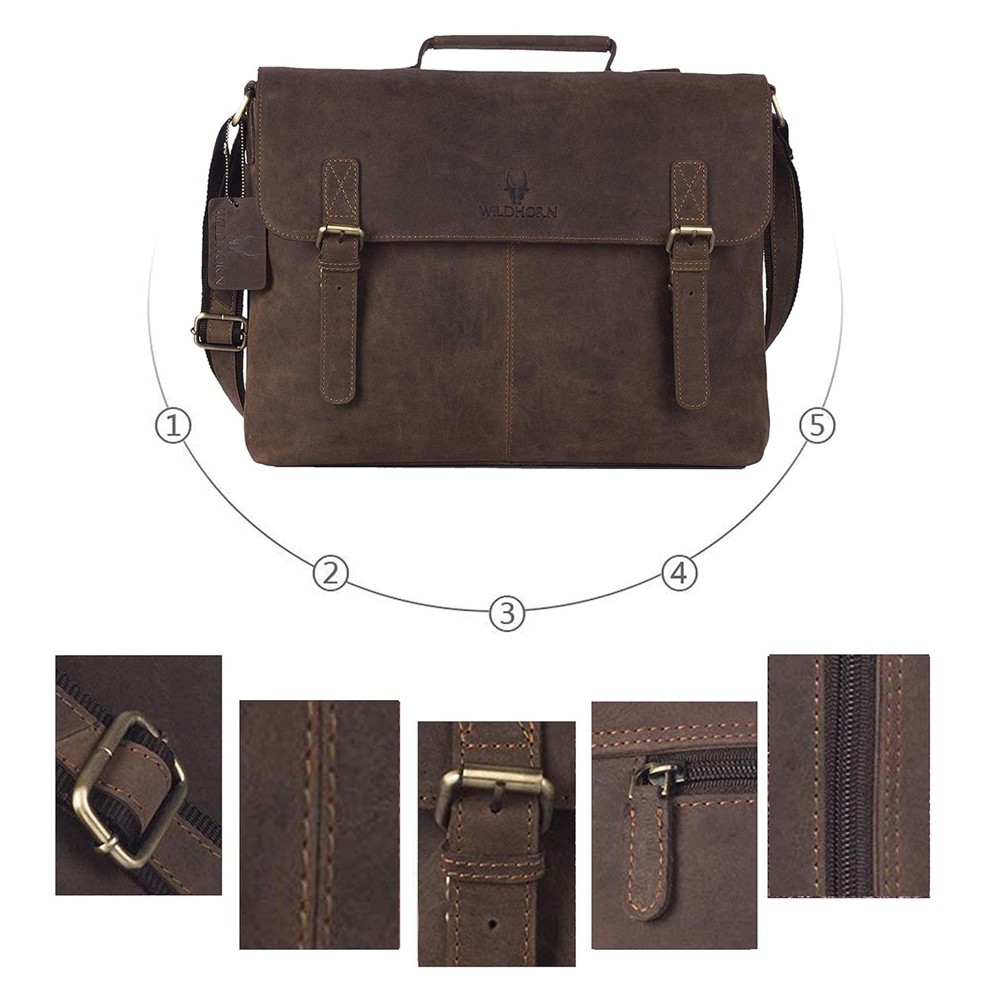 WildHorn Genuine Leather 15" Laptop Bag for Men | Office, Travel & Casual Bag — Dark Brown