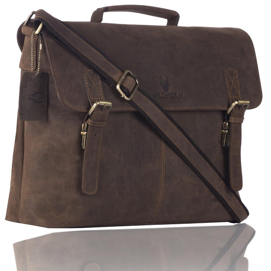 WildHorn Genuine Leather 15" Laptop Bag for Men | Office, Travel & Casual Bag — Dark Brown