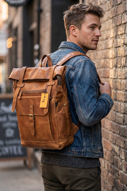 bags.mu exclusive cognac tan genuine leather roll-top backpack displayed in store with bags.mu branded tag — bags.mu Mauritius