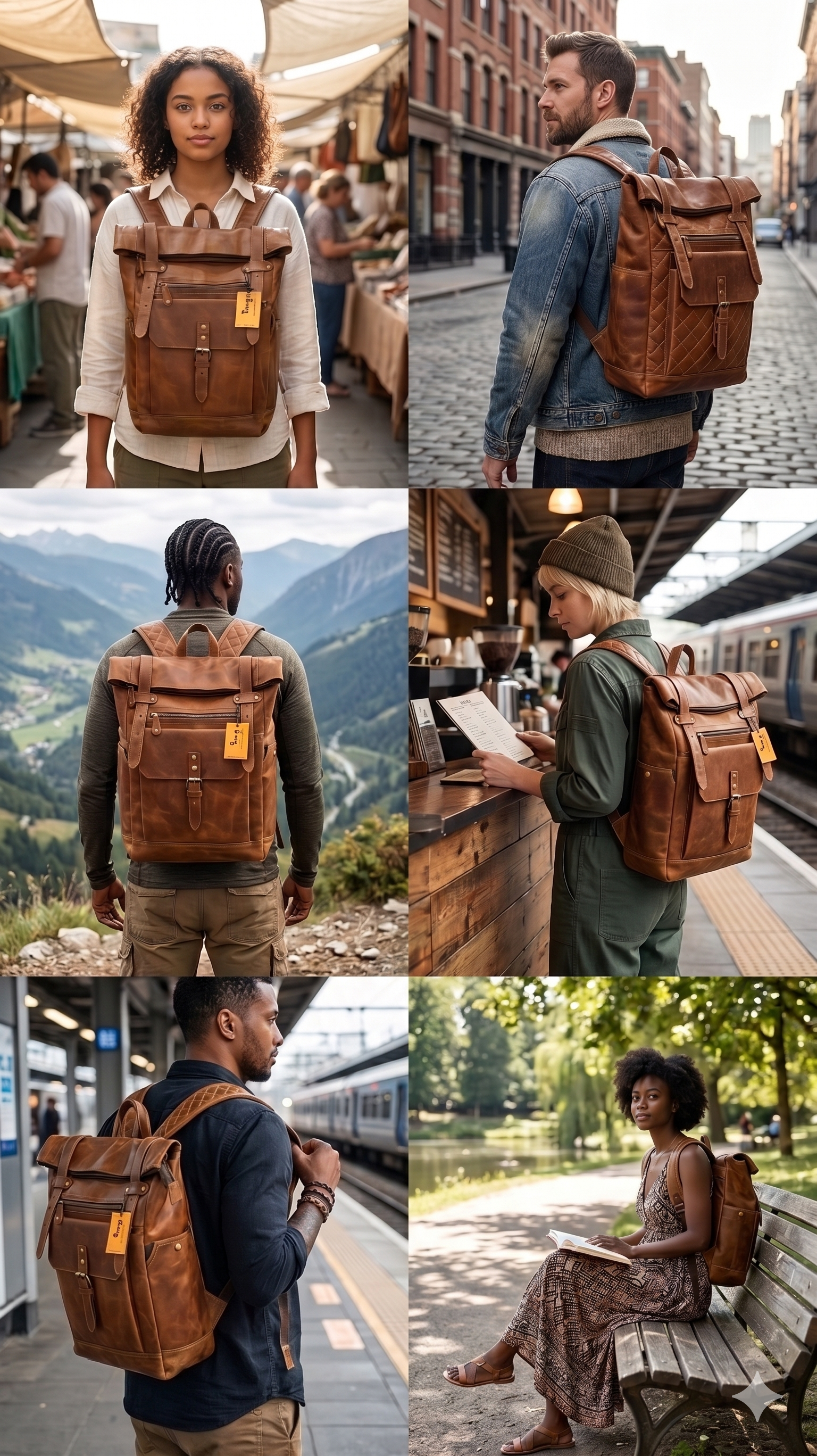 bags.mu exclusive large genuine leather roll-top backpack front angle view showing rich cognac patina and brass hardware — bags.mu Mauritius