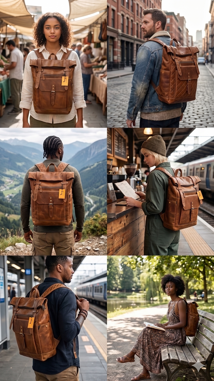 bags.mu exclusive large genuine leather roll-top backpack front angle view showing rich cognac patina and brass hardware — bags.mu Mauritius