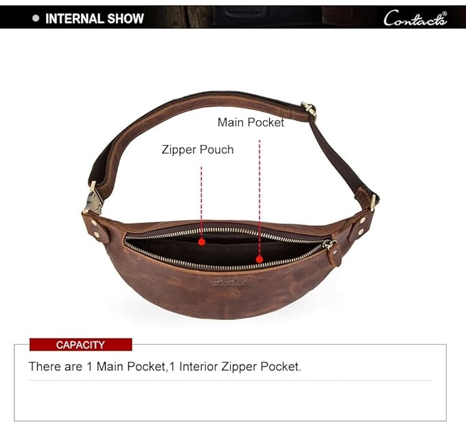Contacts Leather Fanny Pack Open – Main Zip Compartment and Interior Pocket