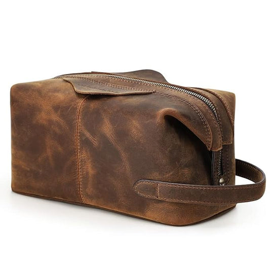 Genuine Leather Toiletry Bag Hunter Brown – Front View | bags.mu Mauritius