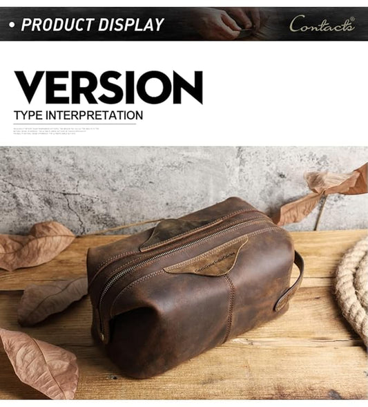 Leather Travel Toiletry Bag Hunter Brown – Side Profile View