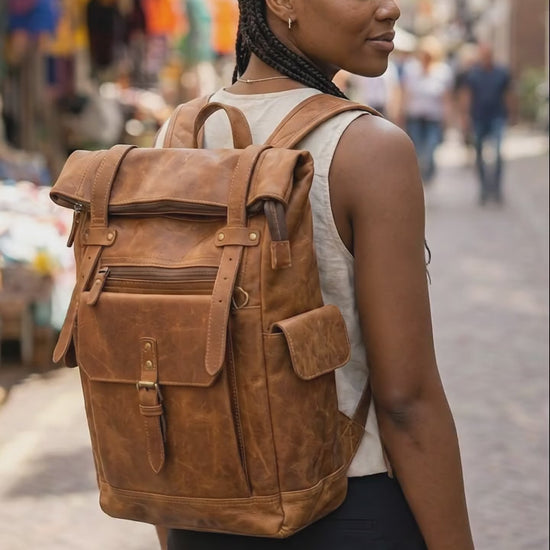bags.mu exclusive cognac tan genuine leather roll-top backpack product video thumbnail — bags.mu Mauritius