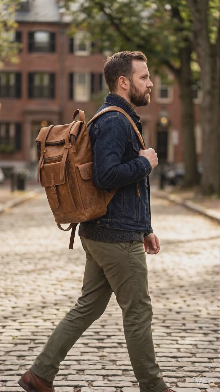 bags.mu exclusive leather roll-top backpack diamond quilted back panel and antique brass hardware close up detail — bags.mu Mauritius
