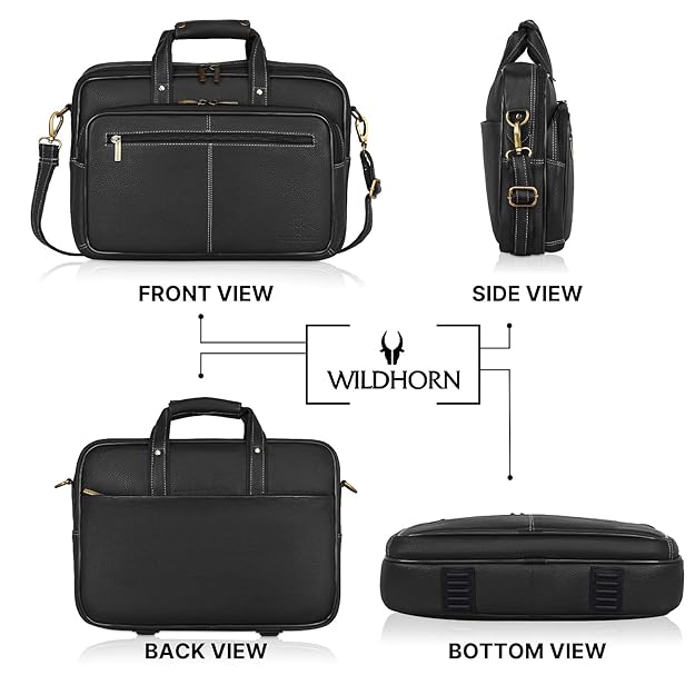 WildHorn black classic leather messenger bag back view with exterior pocket — bags.mu Mauritius
