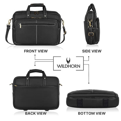 WildHorn black classic leather messenger bag back view with exterior pocket — bags.mu Mauritius