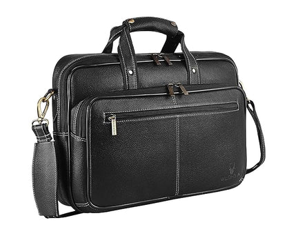 WildHorn black classic genuine leather 15 inch laptop messenger bag front view with white contrast stitching — bags.mu Mauritius