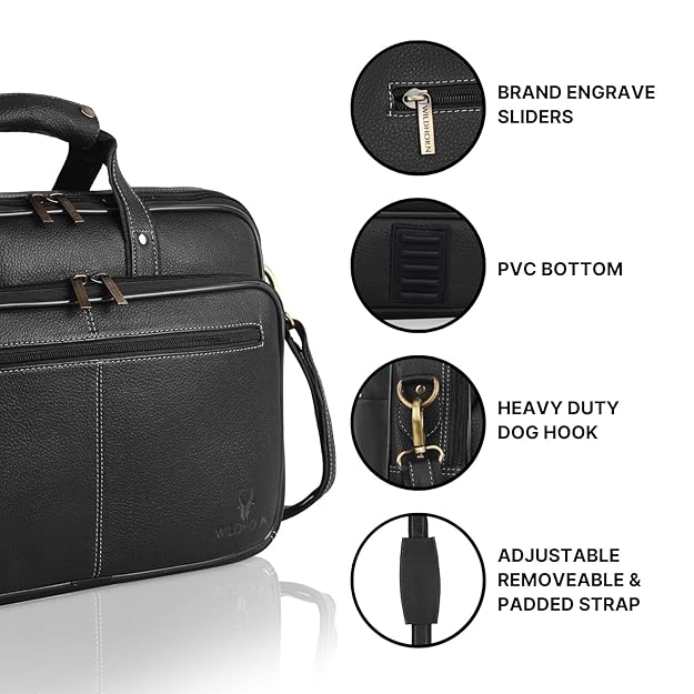 WildHorn black leather messenger bag twin grab handles and gold zipper hardware detail — bags.mu Mauritius