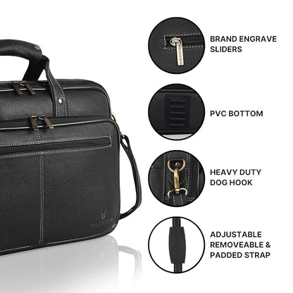 WildHorn black leather messenger bag twin grab handles and gold zipper hardware detail — bags.mu Mauritius