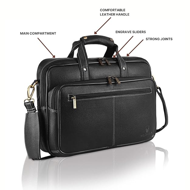 WildHorn black classic leather messenger bag side view showing depth and adjustable shoulder strap — bags.mu Mauritius