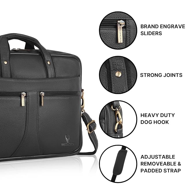 WildHorn black leather office bag close up of premium gold brass zipper hardware and leather stitching — bags.mu Mauritius