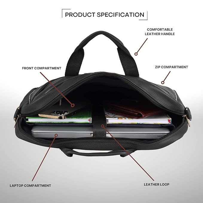 WildHorn black leather office bag interior view showing padded 15.6 inch laptop compartment and sub-compartments — bags.mu Mauritius