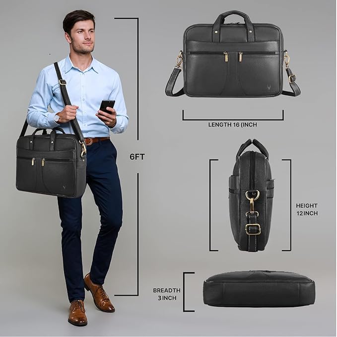 WildHorn black genuine leather office laptop bag side view showing depth and shoulder strap — bags.mu Mauritius