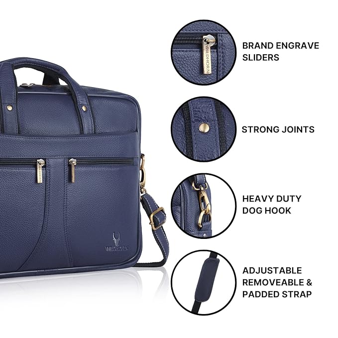 WildHorn blue leather office bag close up of premium gold brass zipper hardware and leather stitching — bags.mu Mauritius
