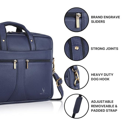 WildHorn blue leather office bag close up of premium gold brass zipper hardware and leather stitching — bags.mu Mauritius