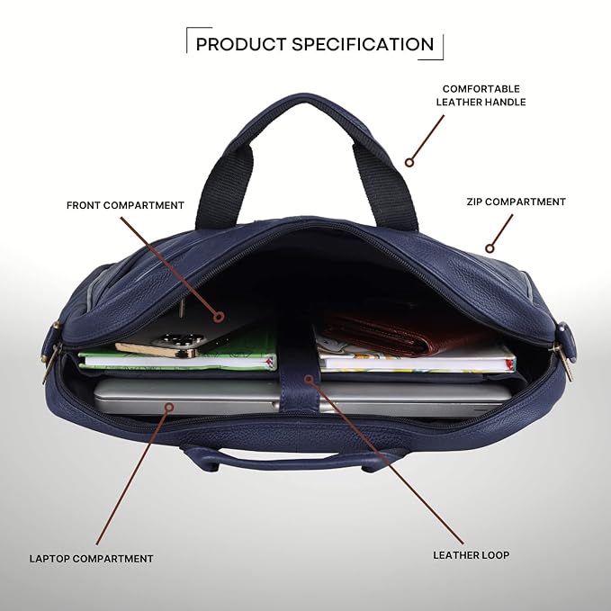 WildHorn blue leather office bag interior view showing padded 15.6 inch laptop compartment and sub-compartments — bags.mu Mauritius