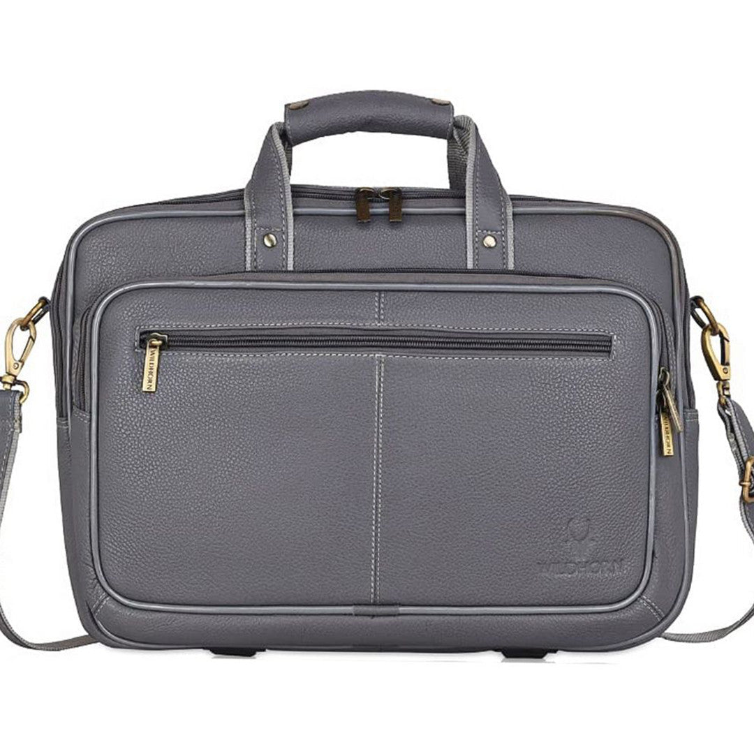 WildHorn grey classic leather messenger bag back view with exterior pocket — bags.mu Mauritius