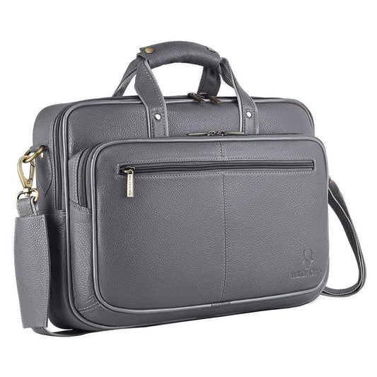 WildHorn grey classic genuine leather 15 inch laptop messenger bag front view with bronze hardware — bags.mu Mauritius