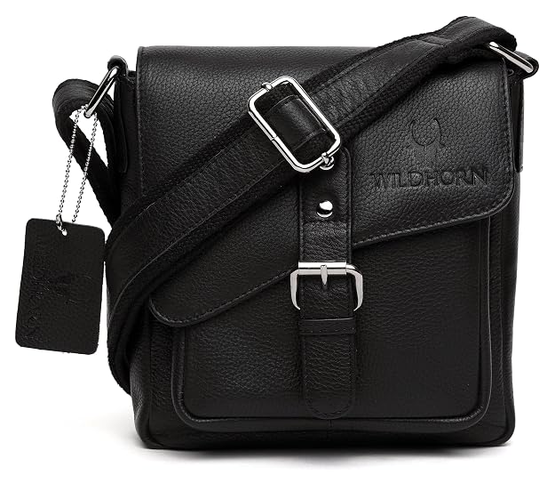 WildHorn Genuine Leather Crossbody Sling Bag Black – Front View | bags.mu Mauritius