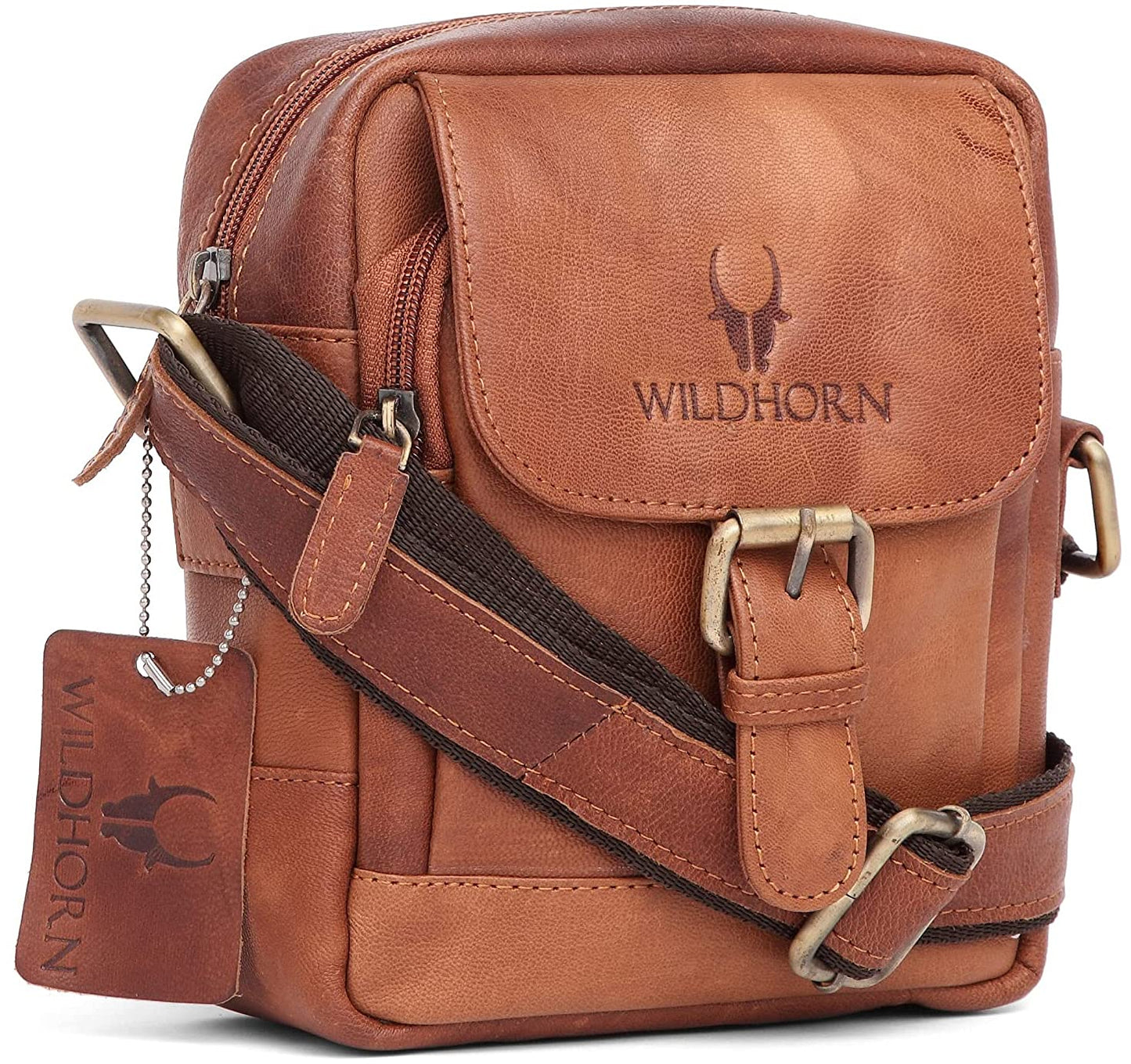 WildHorn Genuine Leather Mini Sling Bag Tan Vintage – Front View | bags.mu Mauritius
