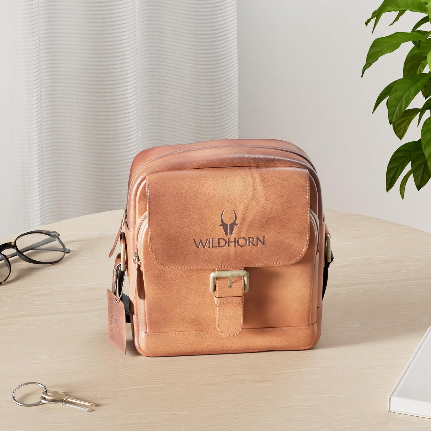 WildHorn Leather Mini Sling Bag Tan Vintage – Side Profile View